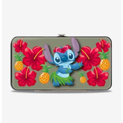 Disney Lilo & Stitch Hula Pose Front Back Hibiscus Flowers Pineapples Hinged Wallet