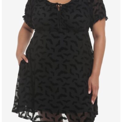 Black Flocked Bats Babydoll Dress Plus Size