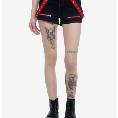 Black & Red Contrast Stitch Suspender Shorts