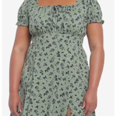 Green Butterfly Mushroom Empire Midi Dress Plus Size