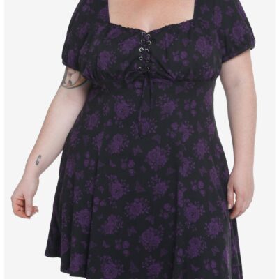 Cosmic Aura Black & Purple Rose Lace-Up Babydoll Dress Plus Size