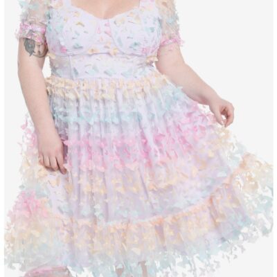 Sweet Society Pastel Butterfly Mesh Puff Sleeve Dress Plus Size