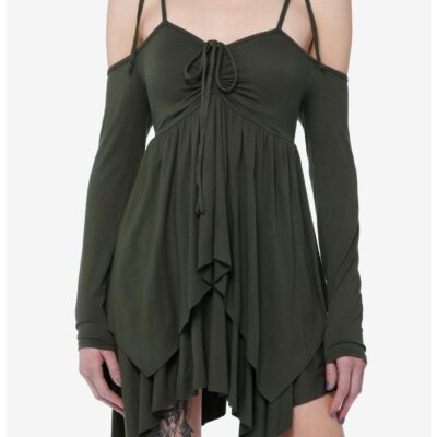 Thorn & Fable Green Hanky Hem Girls Cold Shoulder Dress