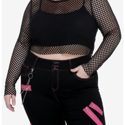 Social Collision Fishnet Girls Crop Long-Sleeve Top Plus Size