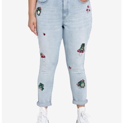 HT Denim Frogs & Mushrooms Embroidered Mom Jeans Plus Size