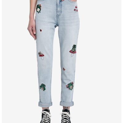 HT Denim Frogs & Mushrooms Embroidered Mom Jeans