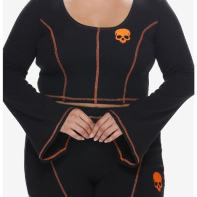 Social Collision Black & Orange Stitch Skull Bell Sleeve Girls Top Plus Size