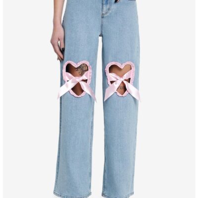 Pink Ruffle Heart Wide Leg Denim Pants