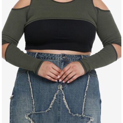 Olive Cold Shoulder Cutout Girls Crop Shrug Plus Size