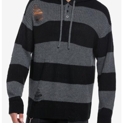 Destructed Black & Grey Stripe Oversized Hoodie