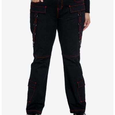 Social Collision Black & Red Contrast Stitch Strap Flare Pants Plus Size