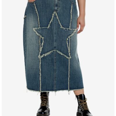 Social Collision Frayed Star Denim Maxi Skirt Plus Size