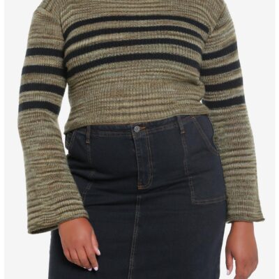 Social Collision Green & Black Stripe Bell Sleeve Sweater Plus Size