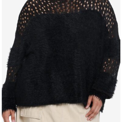 Social Collision Fuzzy Black Striped Fishnet Girls Knit Sweater Plus Size