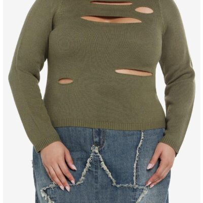 Social Collision Olive Distressed Cutout Girls Sweater Plus Size