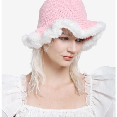 Pink Crochet White Fur Trim Bucket Hat