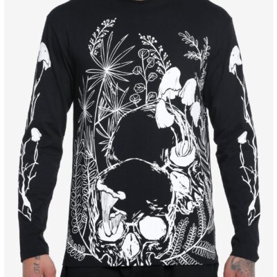 Black & White Mushroom Skull Long-Sleeve T-Shirt