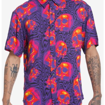 Neon Pink & Orange Skull Waves Woven Button-Up