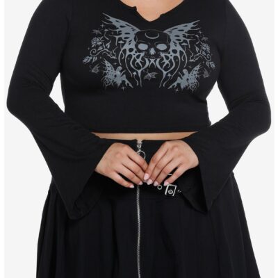 Thorn & Fable Skull Fairy Girls Crop Bell Sleeve Top Plus Size