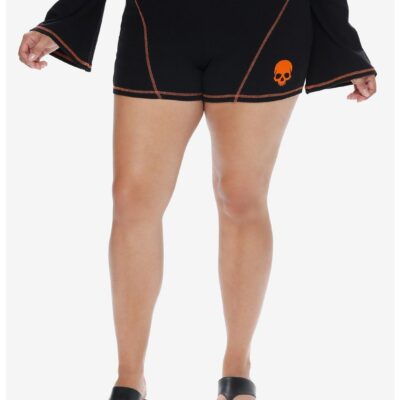 Social Collision Black & Orange Stitch Skull Girls Bike Shorts Plus Size