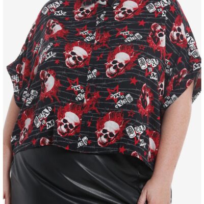 Social Collision Flaming Skulls Allover Print Girls Woven Button-Up Plus Size