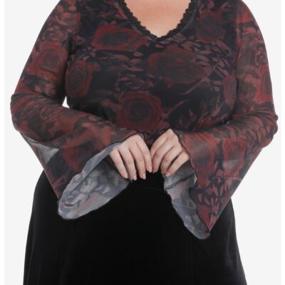 Cosmic Aura Rose Mesh Girls Bell Sleeve Top Plus Size