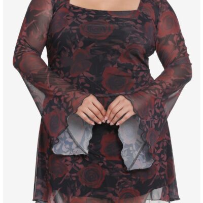 Cosmic Aura Dark Rose Bell Sleeve Dress Plus Size