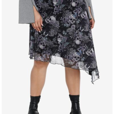 Thorn & Fable Skulls & Flowers Asymmetrical Midi Skirt Plus Size