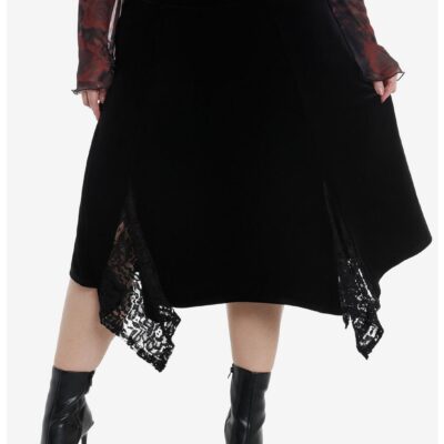 Black Velvet Lace Godet Midi Skirt Plus Size