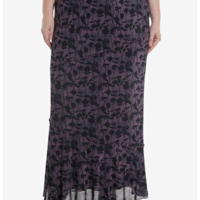 Cosmic Aura Purple & Black Roses Mesh Maxi Skirt Plus Size