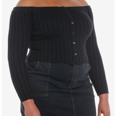 Social Collision Black Off-The-Shoulder Girls Knit Sweater Plus Size