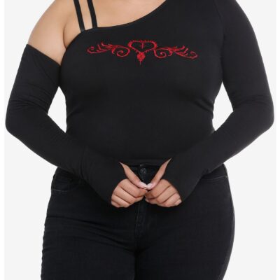 Social Collision Red Heart Off-Shoulder Girls Crop Long-Sleeve Top Plus Size