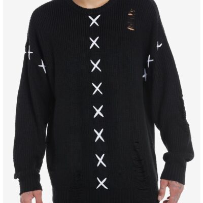 Black Contrast Stitch Destructed Knit Sweater