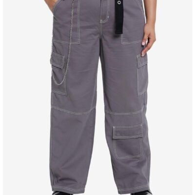 Grey Side Chain Carpenter Pants With Belt Plus Size