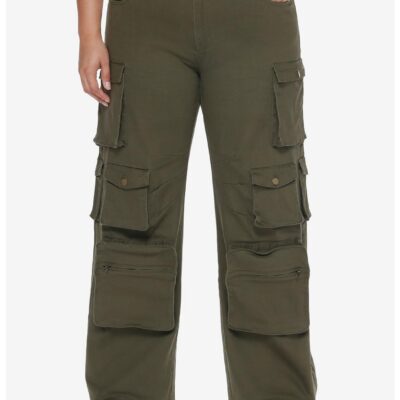 Olive Green Multi-Pocket Girls Cargo Pants Plus Size