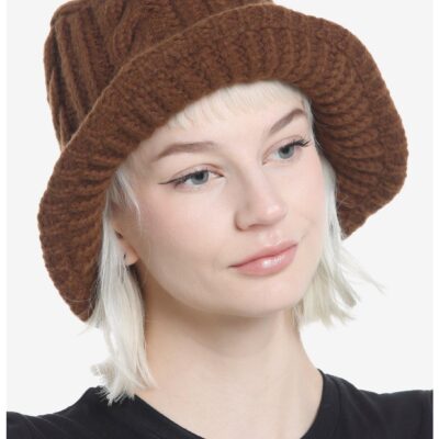 Brown Cable Knit Bucket Hat