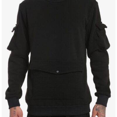 Black Ribbed Pockets Sweatshirt