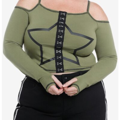 Social Collision Black Star Green Girls Cold-Shoulder Top Plus Size