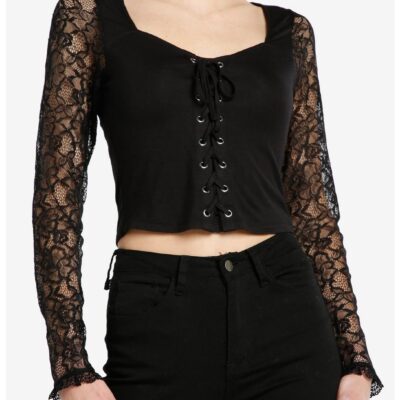 Cosmic Aura Black Lace Sleeve Sweetheart Girls Top