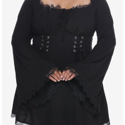 Cosmic Aura Black Lace-Up Bell Sleeve Dress Plus Size