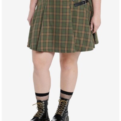 Social Collision Green & Brown Plaid Buckle Mini Skirt Plus Size