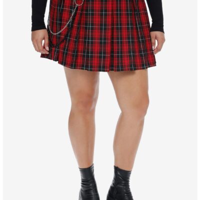 Social Collision Red Plaid Side Chain Pleated Skirt Plus Size