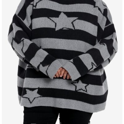 Black & Grey Stripe Star Girls Knit Sweater Plus Size