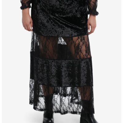 Black Velvet Lace Panel Maxi Skirt Plus Size