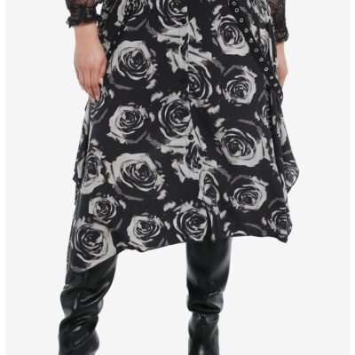 Black & Grey Rose Grommet Hem Hanky Hem Midi Skirt Plus Size