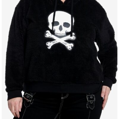 Social Collision Skull & Crossbones Girls Fuzzy Crop Hoodie Plus Size