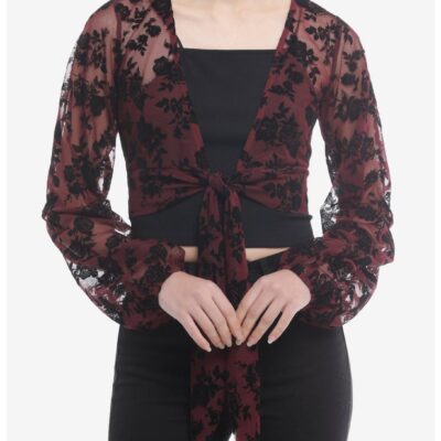 Thorn & Fable® Burgundy & Black Velvet Rose Tie-Front Long-Sleeve Girls Top