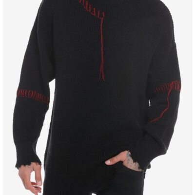 Black Distressed Red Stitch Sweater