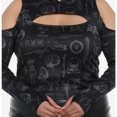 Cosmic Aura Taxidermy Cold Shoulder Girls Hooded Crop Top Plus Size