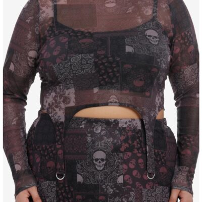 Social Collision Skull Paisley Patchwork Mesh Girls Turtleneck Plus Size